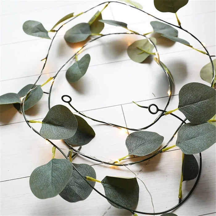 10m 100 LED Green Leaf Light String Simulation Eucalyptus Rattan Copper Wire Wedding Home Decoration - Warm Light - 1