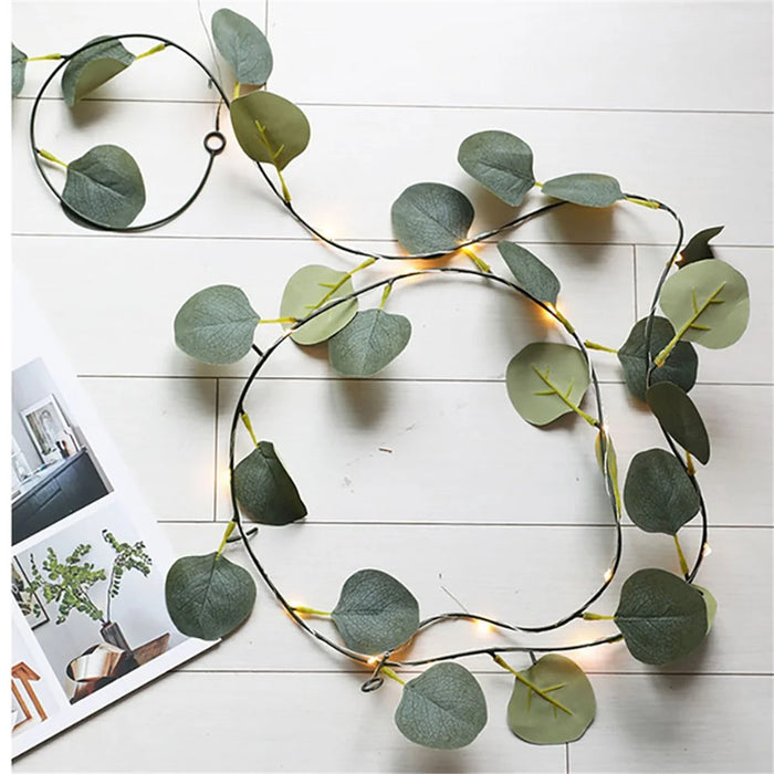 10m 100 LED Green Leaf Light String Simulation Eucalyptus Rattan Copper Wire Wedding Home Decoration - Warm Light - 3
