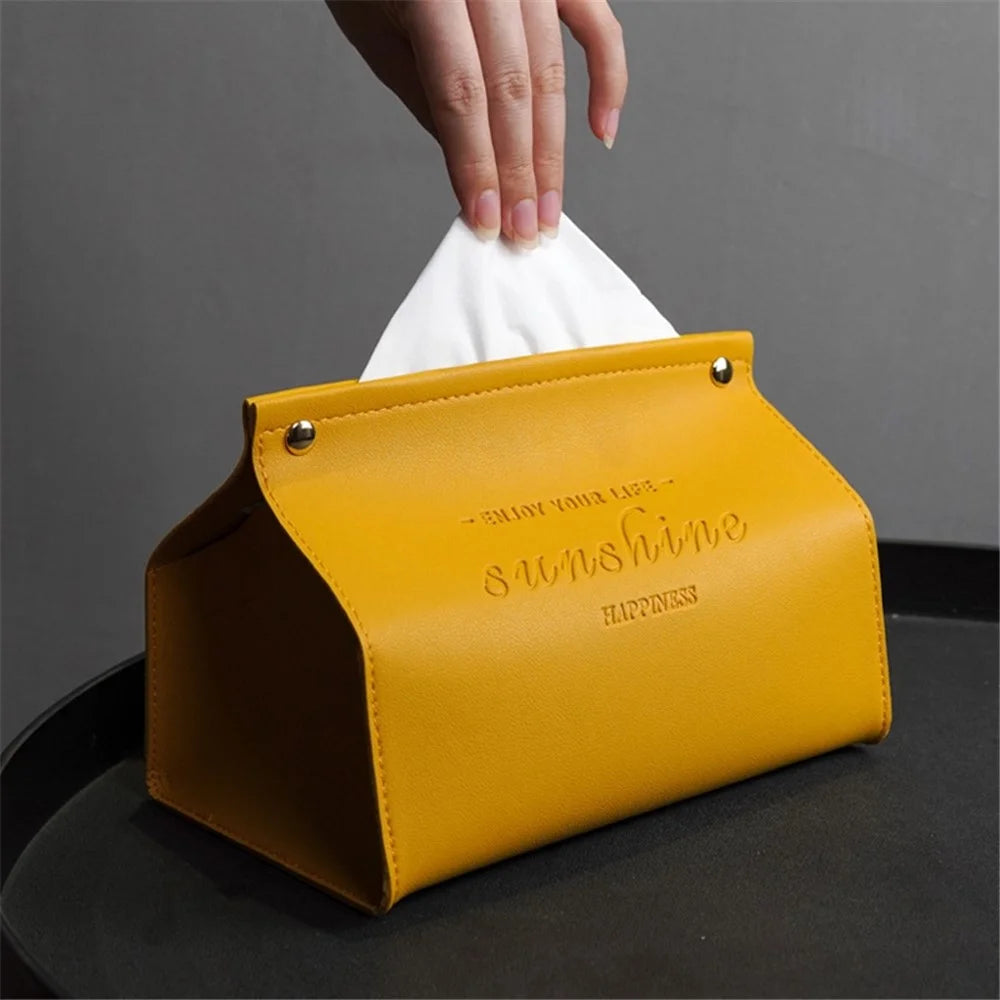 YT2014 Nordic Snap Button Design PU Leather Tissue Box Car Home Decoration Desktop Napkin Holder Case - Yellow - 3