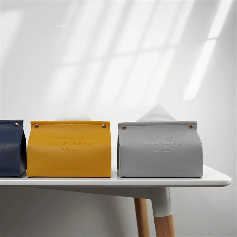 YT2014 Nordic Snap Button Design PU Leather Tissue Box Car Home Decoration Desktop Napkin Holder Case - Yellow - 4