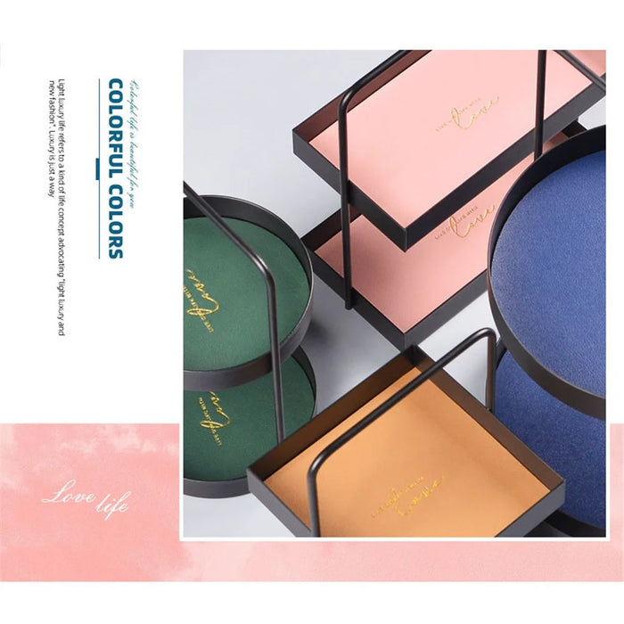 Nordic Style Light Luxury Double Leather Metal Tray Cosmetic Storage Box Perfume Container Stand (Size: S) - Square - 4