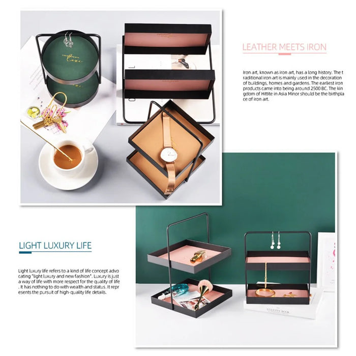 Nordic Style Light Luxury Double Leather Metal Tray Cosmetic Storage Box Perfume Container Stand (Size: S) - Square - 7