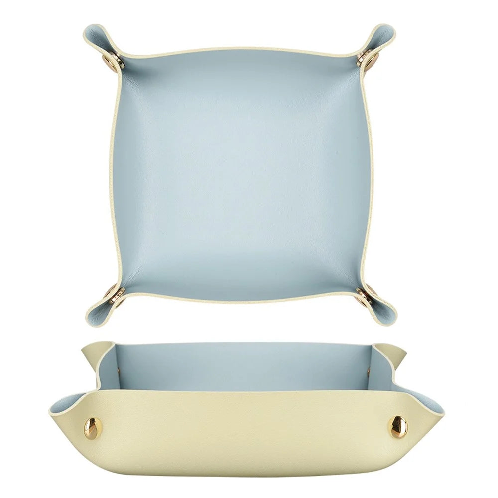 Bedside Organizer Desk Storage Plate Leather Catchall for Change Jewelry Key Phone Watch, Size L - Plain Texture/Matcha Green+Light Blue - 1