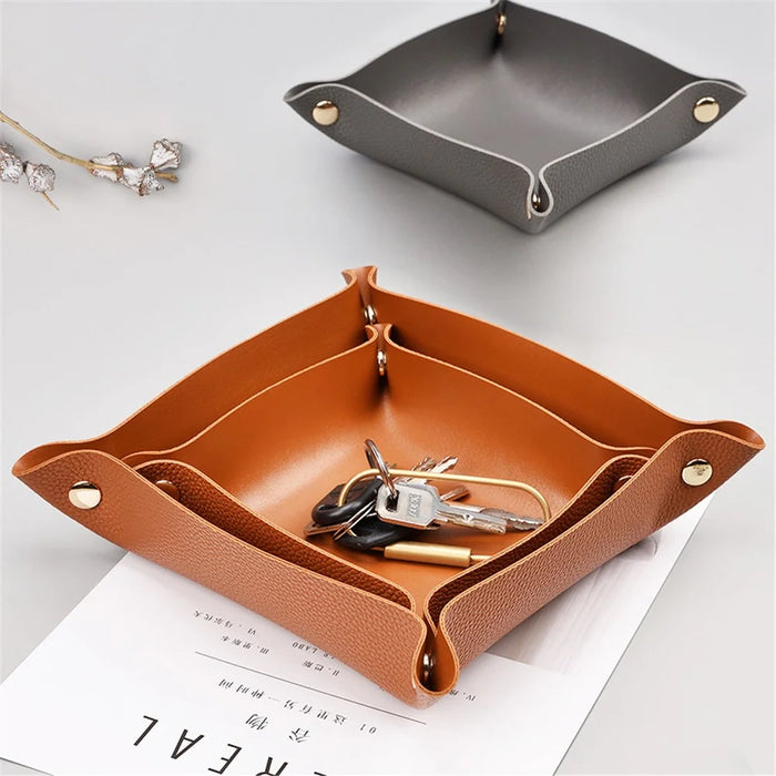 Bedside Organizer Desk Storage Plate Leather Catchall for Change Jewelry Key Phone Watch, Size L - Plain Texture/Matcha Green+Light Blue - 4