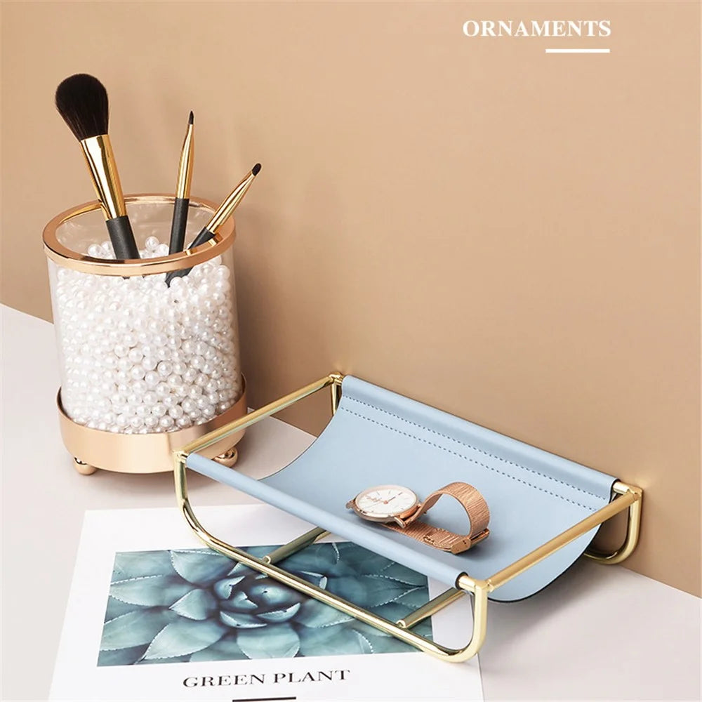 Iron Art Leather Sundries Organizer Tray Home Desktop Keys Watch Phone Storage Tray Decoration - Blue - 5