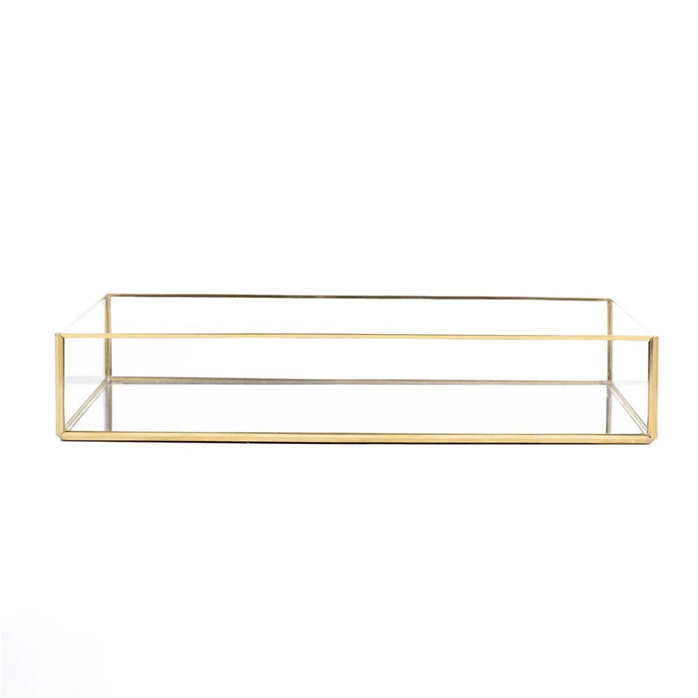 Nordic Style Glass Copper Rectangular Storage Tray Jewelry Necklace Tray Organizer - Gold/Size M - 1