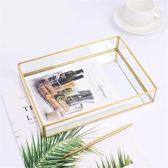 Nordic Style Glass Copper Rectangular Storage Tray Jewelry Necklace Tray Organizer - Gold/Size M - 2
