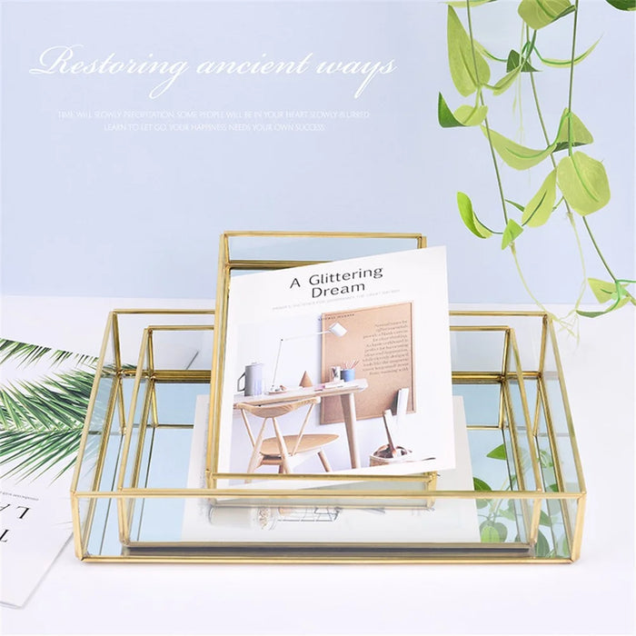Nordic Style Glass Copper Rectangular Storage Tray Jewelry Necklace Tray Organizer - Gold/Size M - 6