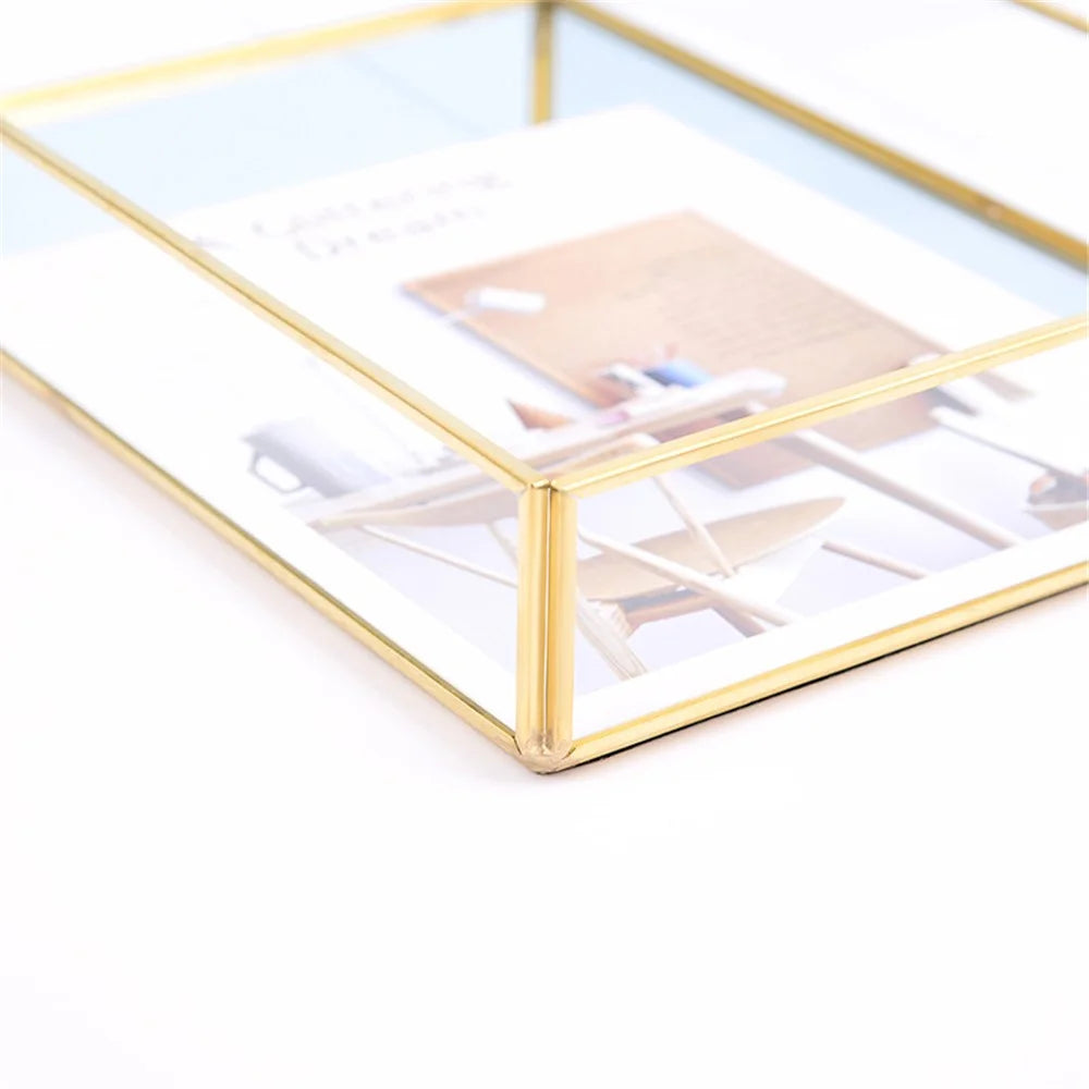 Nordic Style Rectangular Storage Tray Glass Copper Jewelry Box Container for Necklace Bracelet Earrings - Gold/Size S - 4