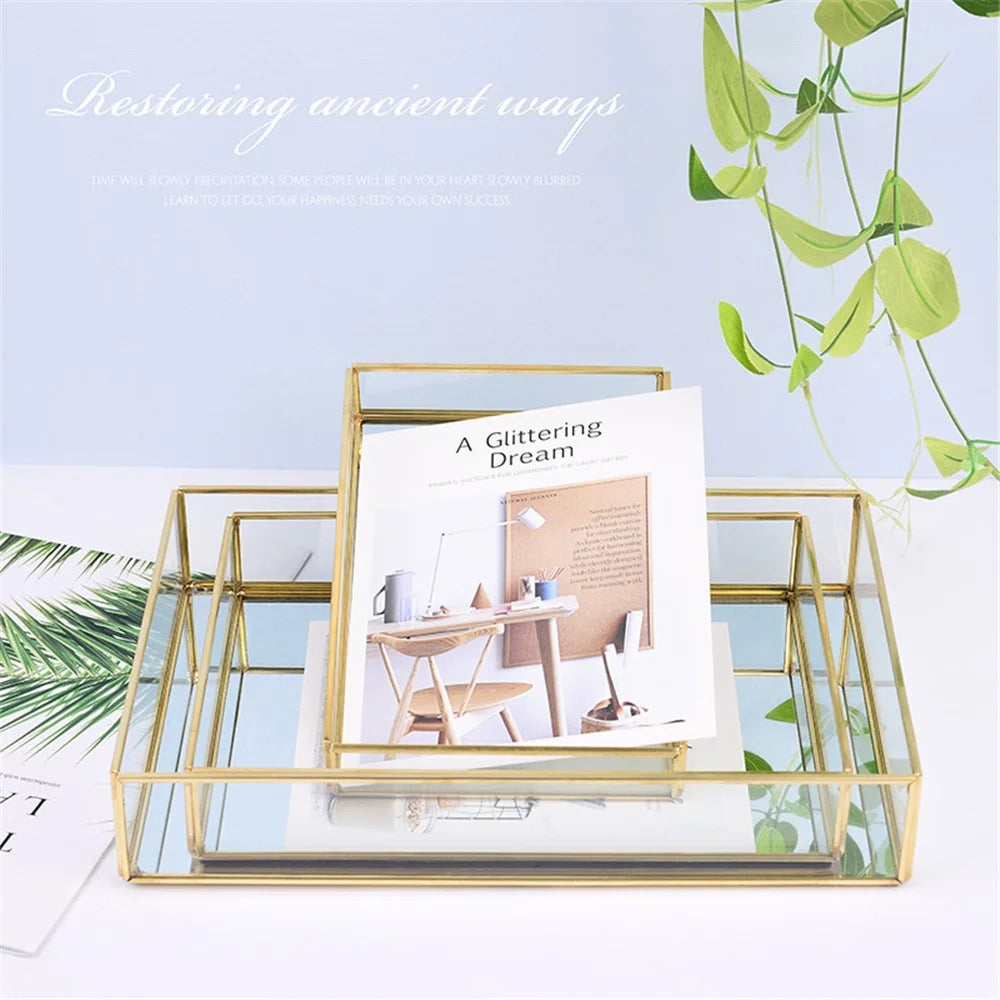 Nordic Style Rectangular Storage Tray Glass Copper Jewelry Box Container for Necklace Bracelet Earrings - Gold/Size S - 6