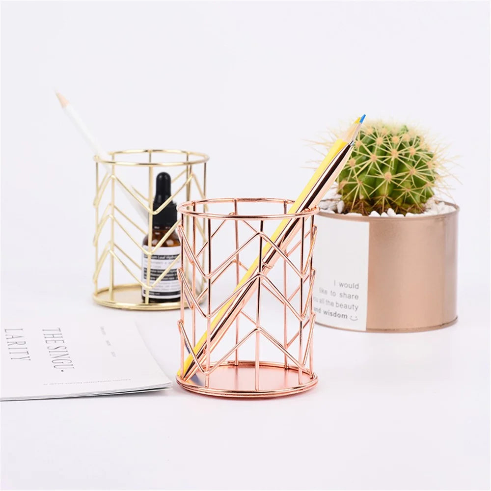 Makeup Brush Holder Nordic Style Iron Art Cosmetics Brush Eyeliners Display Cup Home Decorative Makeup Organizer Desktop Pen Pencil Pot Holder - Rose Gold - 2