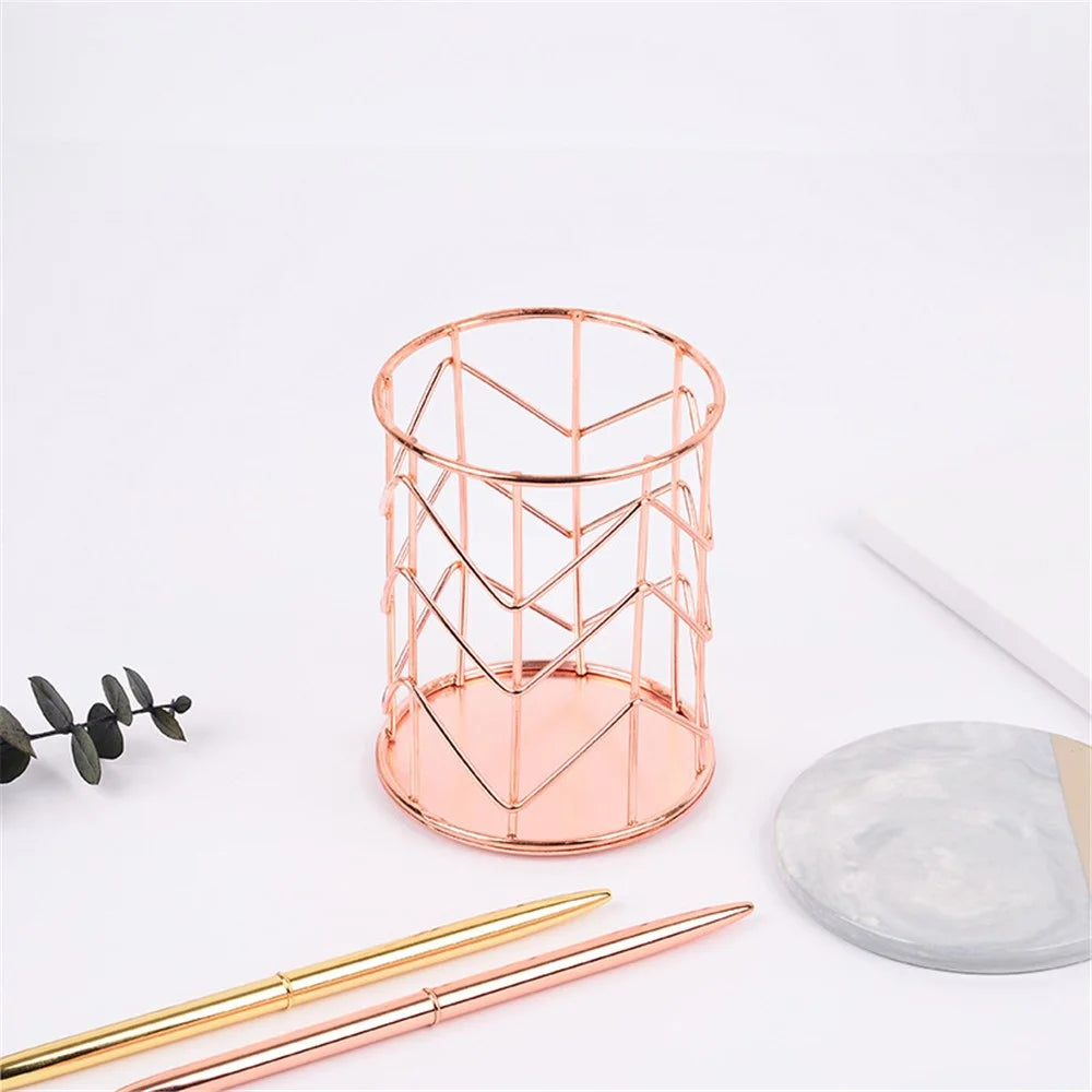 Makeup Brush Holder Nordic Style Iron Art Cosmetics Brush Eyeliners Display Cup Home Decorative Makeup Organizer Desktop Pen Pencil Pot Holder - Rose Gold - 3