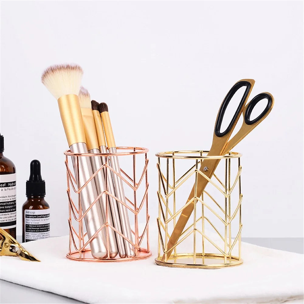 Makeup Brush Holder Nordic Style Iron Art Cosmetics Brush Eyeliners Display Cup Home Decorative Makeup Organizer Desktop Pen Pencil Pot Holder - Rose Gold - 4