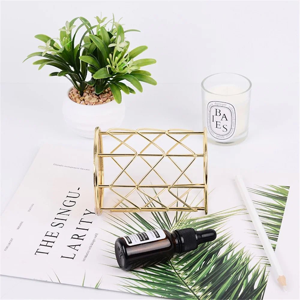 Makeup Brush Holder Nordic Style Iron Art Cosmetics Brush Eyeliners Display Cup Home Decorative Makeup Organizer Desktop Pen Pencil Pot Holder - Rose Gold - 5
