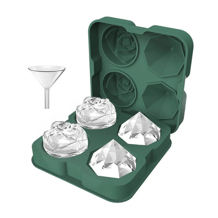 Rose and Diamond Shape Ice Cube Maker 4-grid Silicone Mold Tray for Chilling Cocktails Whiskey (No FDA Certificate) - Green - 1
