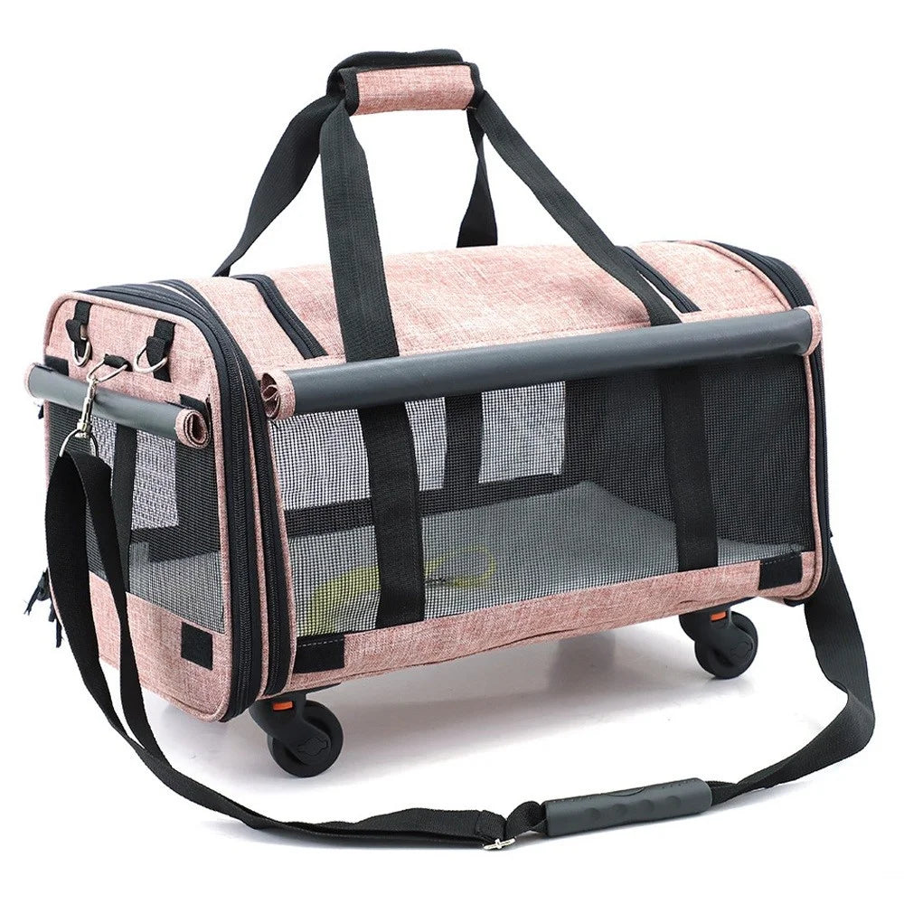 LDLC QS-019 Large Capacity Portable Pet Bag with Detachable Wheels Breathable Dog Cat Container Travel Pet Gift Carrier Case - Pink - 1