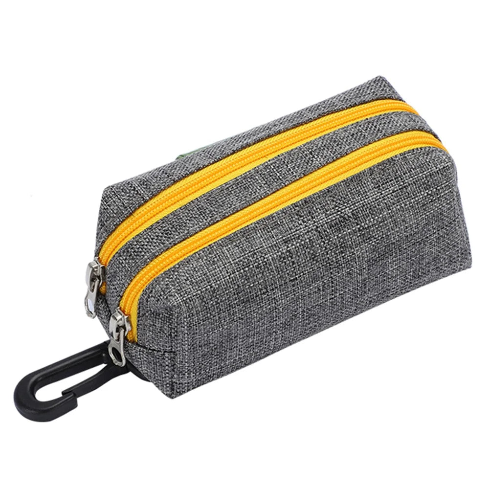 LDLC QS-080 Pet Gift Waste Bag Dispenser Zippered Pouch Portable Dog Poop Bag Holder Leash Attachment, Double Zipper - Grey / Yellow - 1