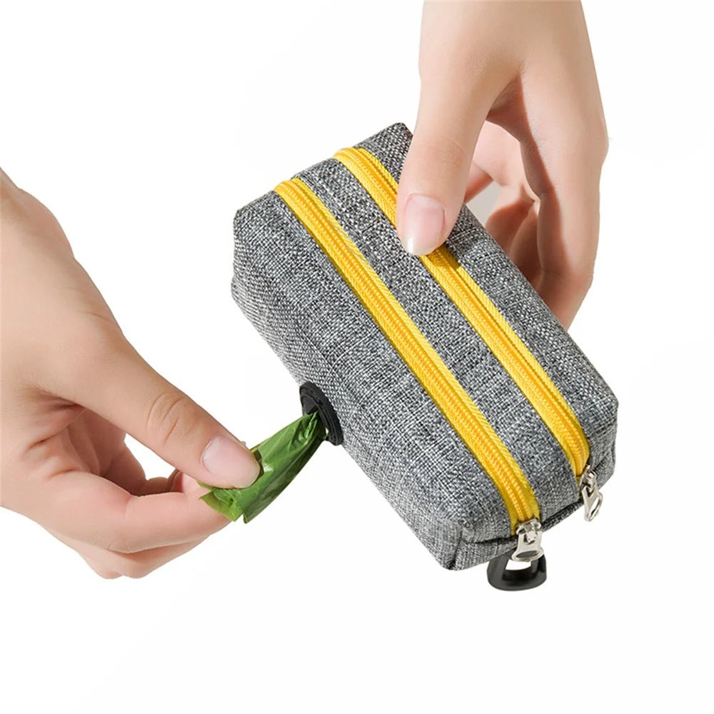 LDLC QS-080 Pet Gift Waste Bag Dispenser Zippered Pouch Portable Dog Poop Bag Holder Leash Attachment, Double Zipper - Grey / Yellow - 4