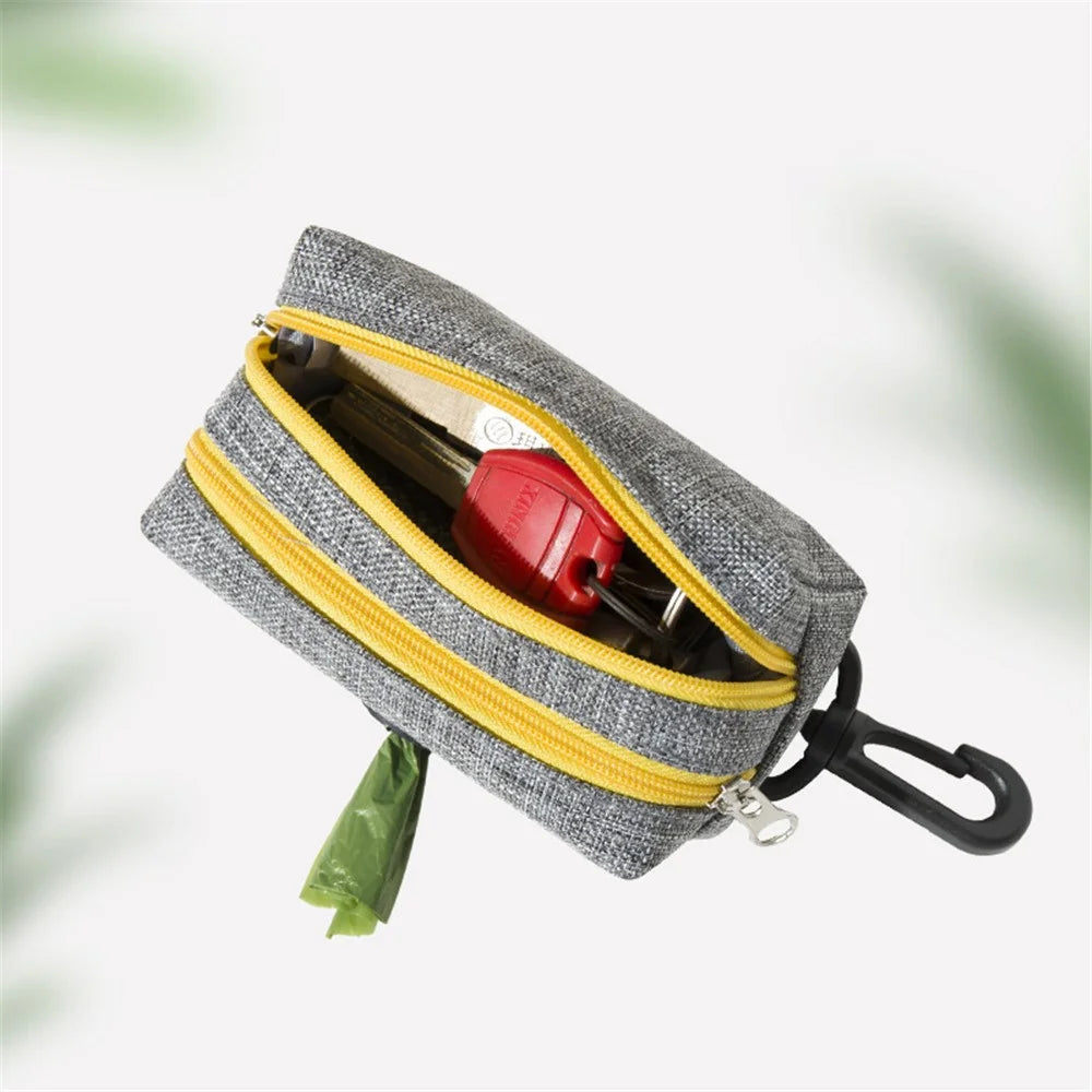 LDLC QS-080 Pet Gift Waste Bag Dispenser Zippered Pouch Portable Dog Poop Bag Holder Leash Attachment, Double Zipper - Grey / Yellow - 5