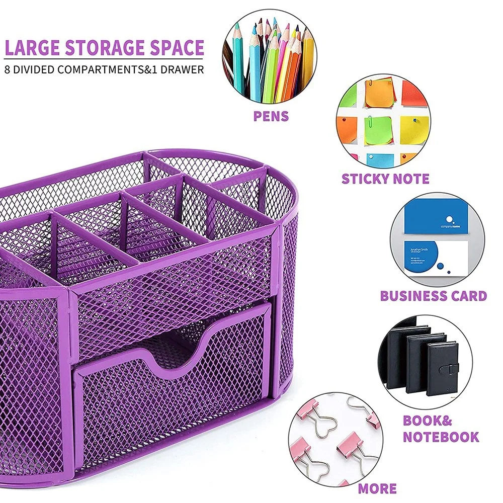Mesh Desk Organizer 9 Compartments Pen Holder Multifunctional Makeup Brush Scissor Storage Holder Office Stationery - Rose - 3