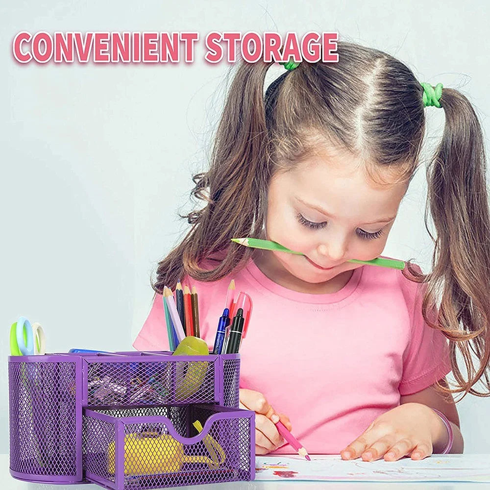 Mesh Desk Organizer 9 Compartments Pen Holder Multifunctional Makeup Brush Scissor Storage Holder Office Stationery - Rose - 4