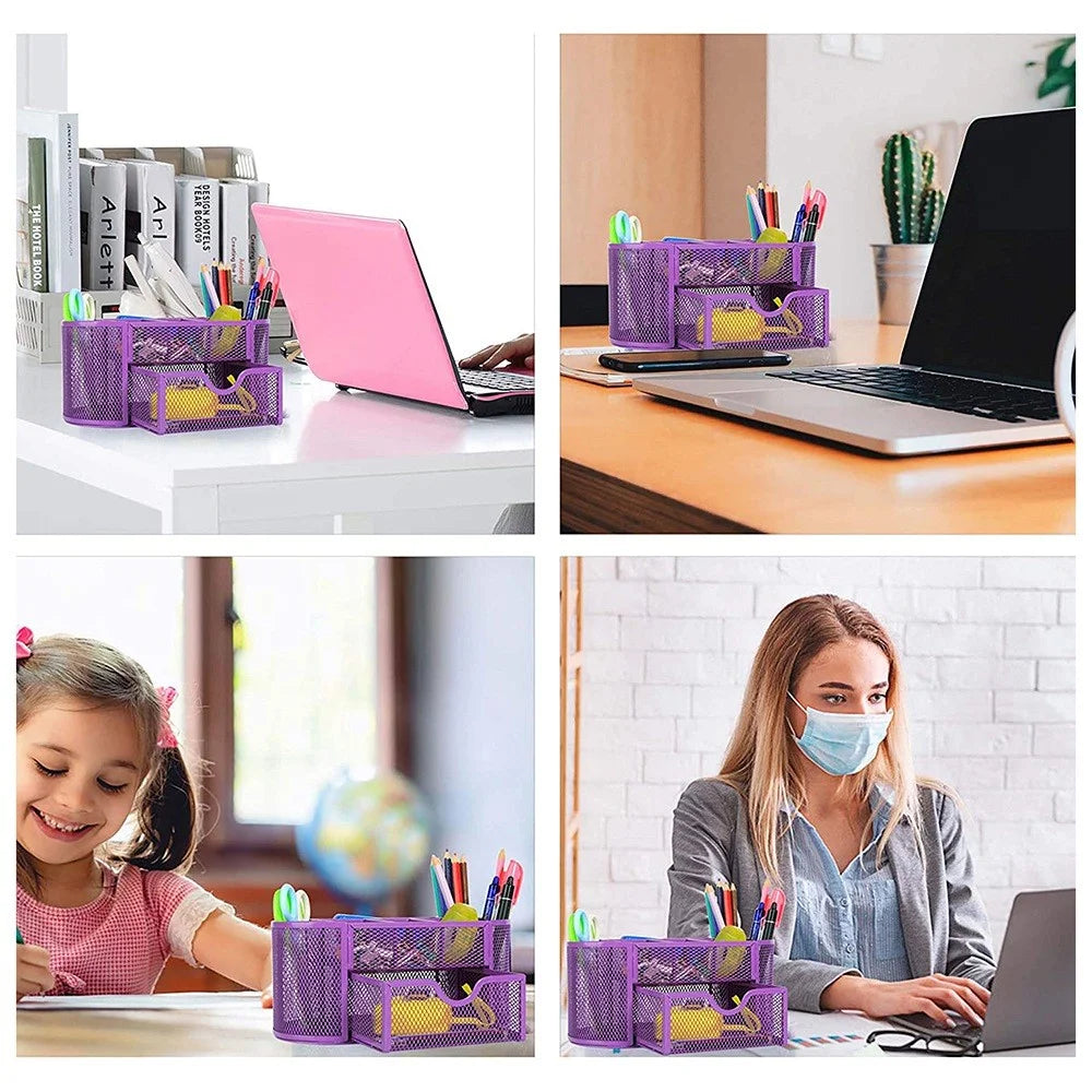Mesh Desk Organizer 9 Compartments Pen Holder Multifunctional Makeup Brush Scissor Storage Holder Office Stationery - Rose - 5