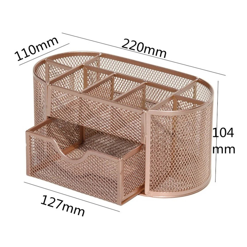 Mesh Desk Organizer 9 Compartments Pen Holder Multifunctional Makeup Brush Scissor Storage Holder Office Stationery - Rose - 6