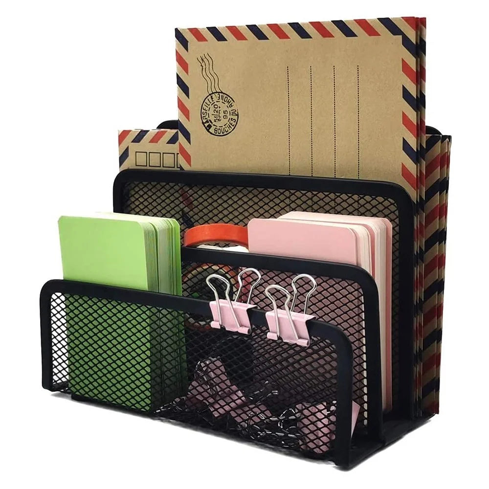 Office Letter Sorter Metal Mesh Desktop File Organizer with 3 Vertical Upright Compartments - 1