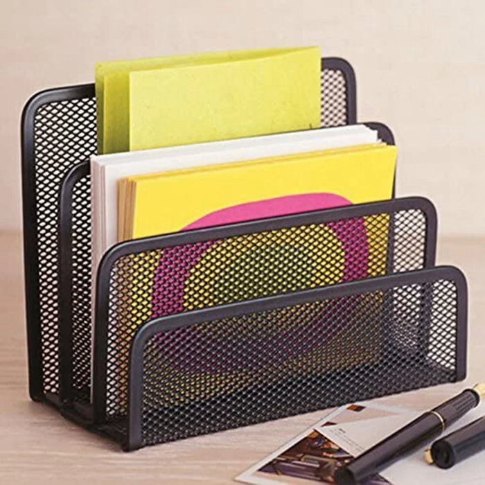 Office Letter Sorter Metal Mesh Desktop File Organizer with 3 Vertical Upright Compartments - 5