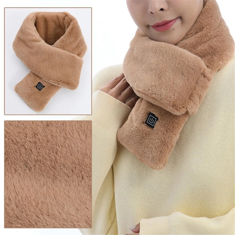 Men Women Faux Fur Heated Neck Wrap Pad for Winter Heating Neck Wrap Soft Heat Therapy Heating Scarf - Camel - 3