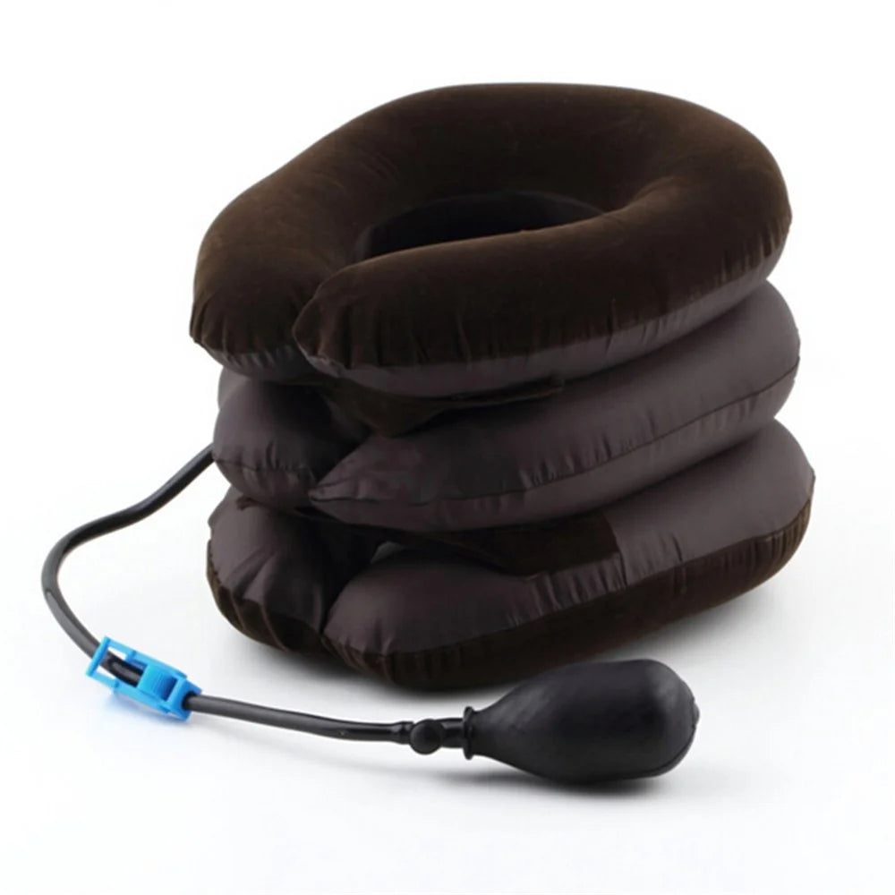Neck Massager Corrector Collar Relief Air Inflatable Cervical Vertebra Therapy Traction 3 Layers Soft Brace Pain Relief Pillow - Coffee - 1