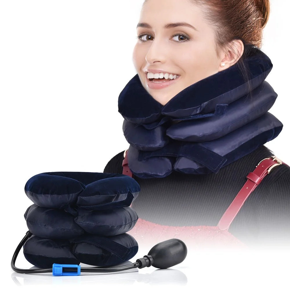 Neck Massager Corrector Collar Relief Air Inflatable Cervical Vertebra Therapy Traction 3 Layers Soft Brace Pain Relief Pillow - Coffee - 2