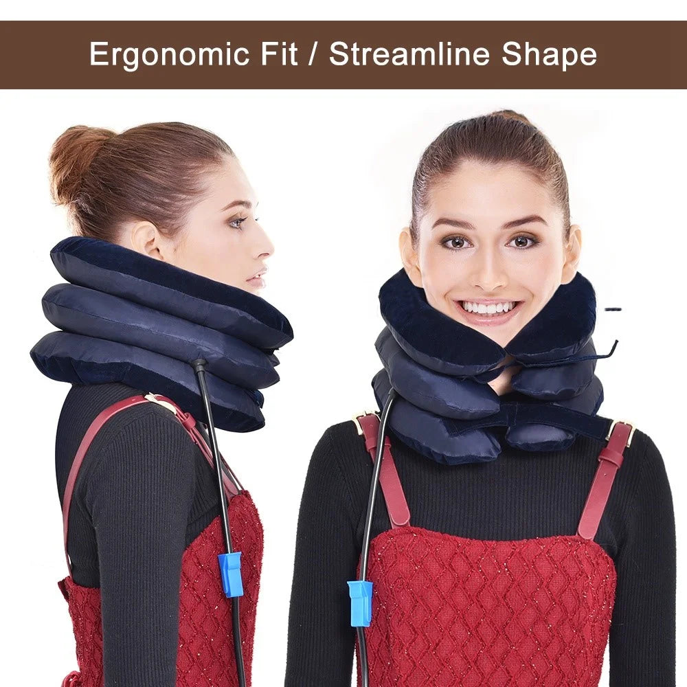 Neck Massager Corrector Collar Relief Air Inflatable Cervical Vertebra Therapy Traction 3 Layers Soft Brace Pain Relief Pillow - Coffee - 4