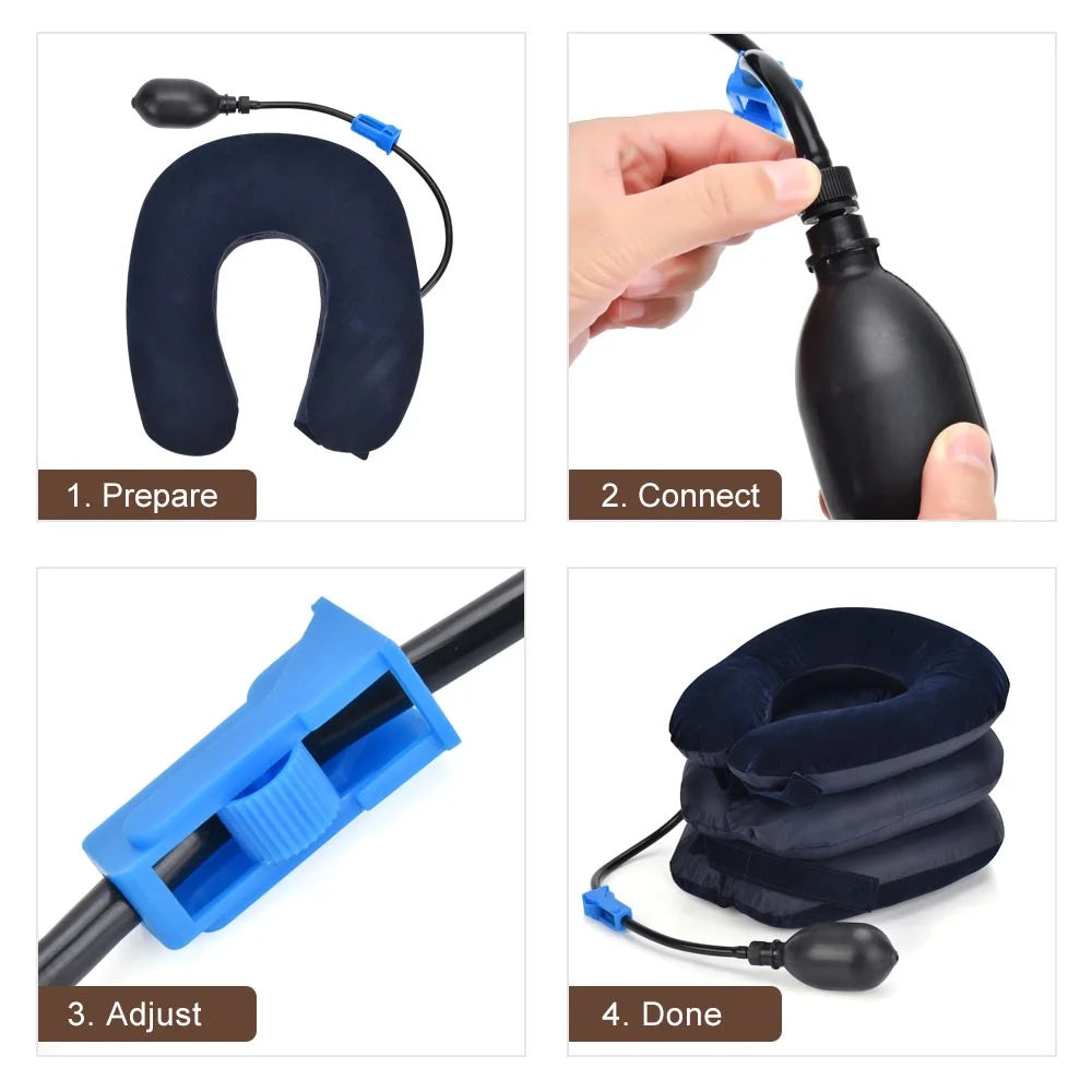 Neck Massager Corrector Collar Relief Air Inflatable Cervical Vertebra Therapy Traction 3 Layers Soft Brace Pain Relief Pillow - Coffee - 6