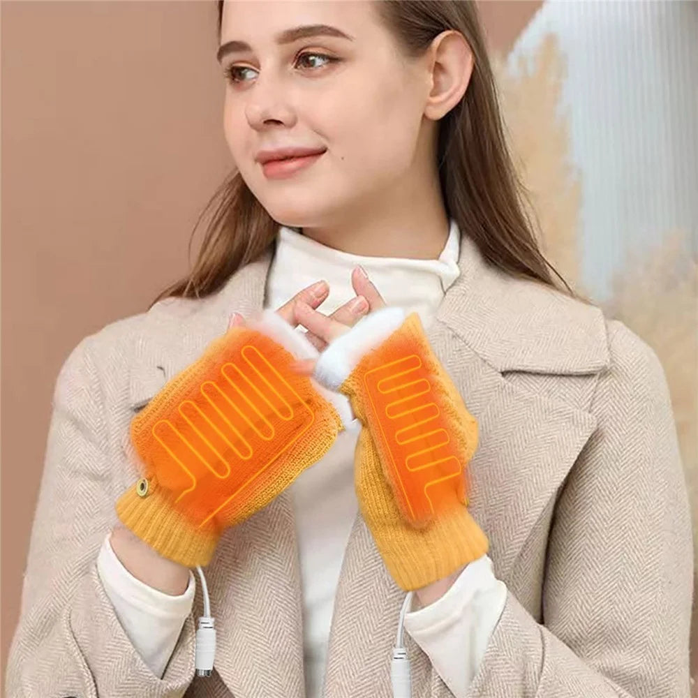 USB Heated Gloves Winter Hand Warmer Full / Half Finger Electric Heating Knitting Mittens - Yellow - 2