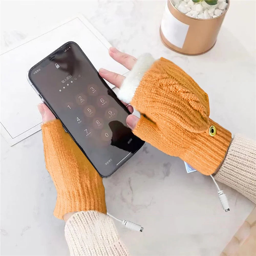 USB Heated Gloves Winter Hand Warmer Full / Half Finger Electric Heating Knitting Mittens - Yellow - 3