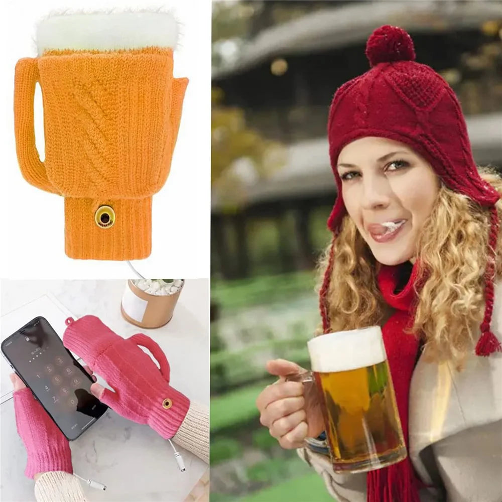 USB Heated Gloves Winter Hand Warmer Full / Half Finger Electric Heating Knitting Mittens - Yellow - 5
