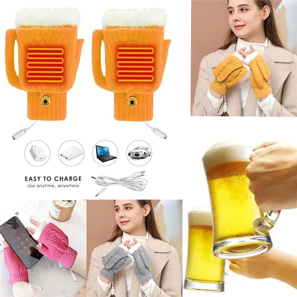 USB Heated Gloves Winter Hand Warmer Full / Half Finger Electric Heating Knitting Mittens - Yellow - 6