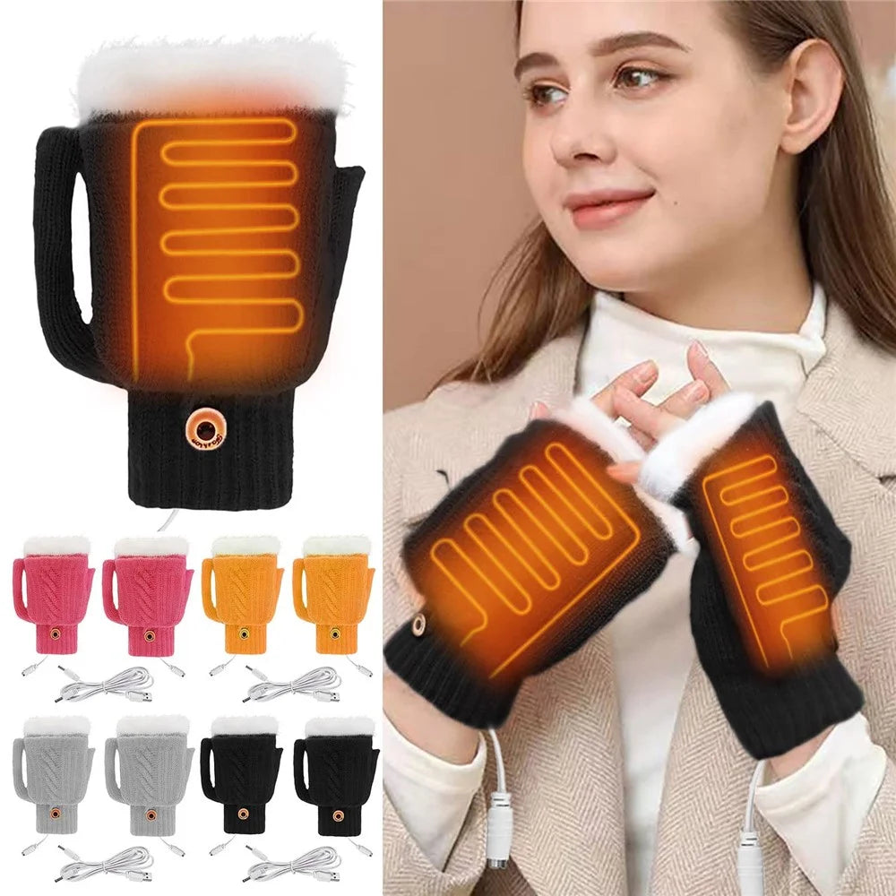 USB Heated Gloves Winter Hand Warmer Full / Half Finger Electric Heating Knitting Mittens - Yellow - 7