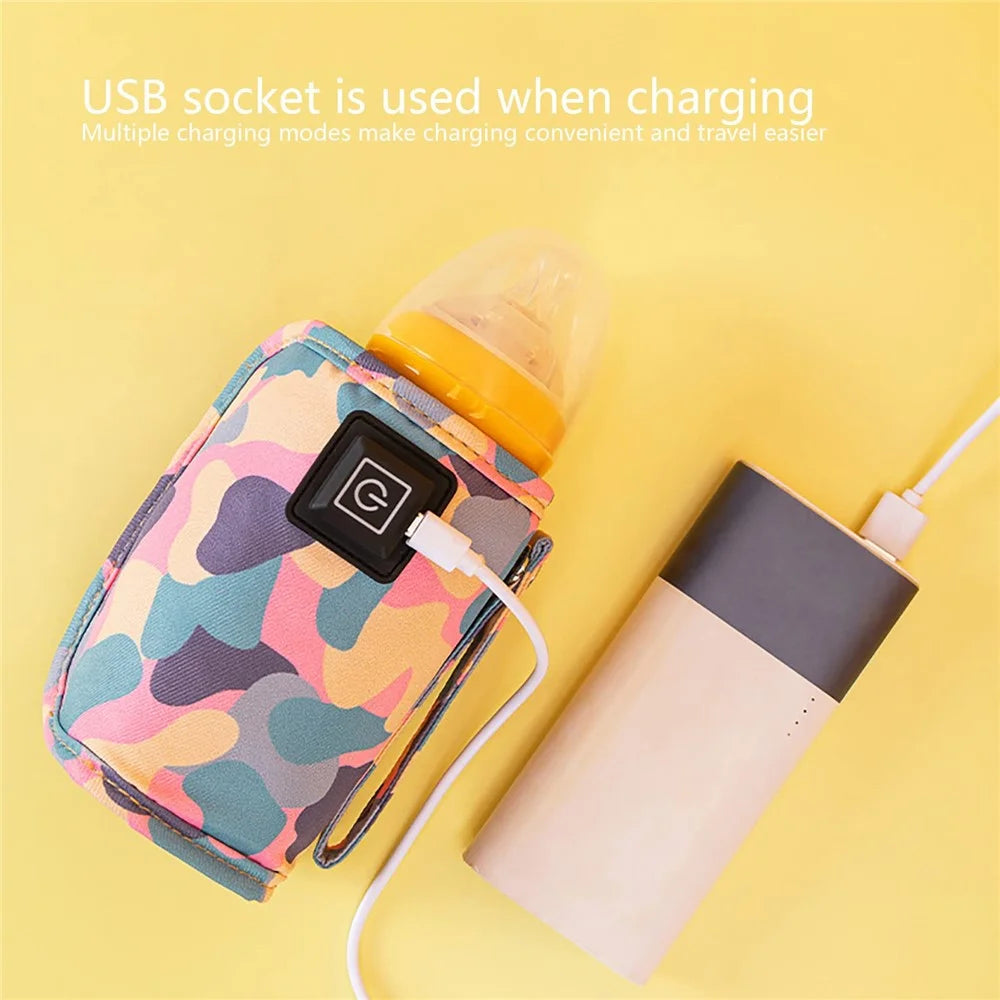 USB Baby Bottle Electric Warmer Insulation Cover Heating Bag Portable Insulation Bag Coffee Heater, Warm Milk Warmer Pouch for Outdoor - Camo Pink - 5