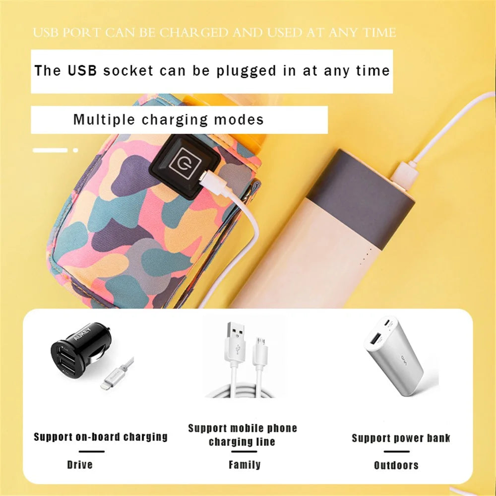 USB Baby Bottle Electric Warmer Insulation Cover Heating Bag Portable Insulation Bag Coffee Heater, Warm Milk Warmer Pouch for Outdoor - Camo Pink - 6