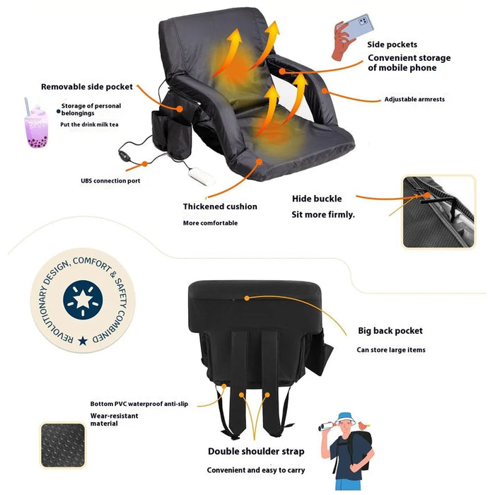 Heated Stadium Seat Foldable Bleacher Chair 6 Reclinng Positions Back and Arm Support Thick Cushion for Outdoors Picnic Camping Sports - 4