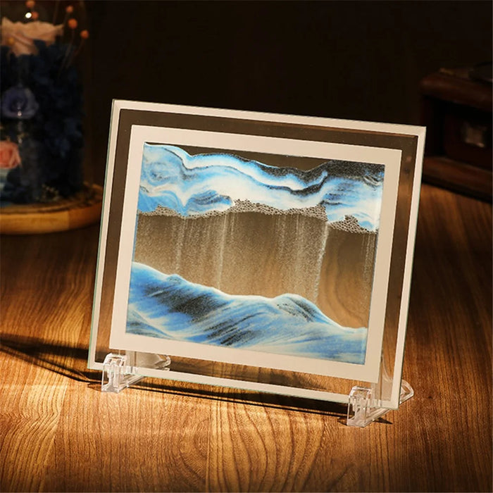 5-inch Flowing Sand Landscape Painting 3D Glass Moving Sand Art Painting Ornament Liquid Hourglass Home Decor - Black / White / Blue - 1