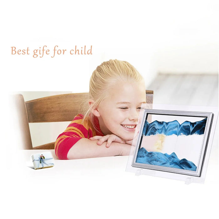 5-inch Flowing Sand Landscape Painting 3D Glass Moving Sand Art Painting Ornament Liquid Hourglass Home Decor - Black / White / Blue - 2