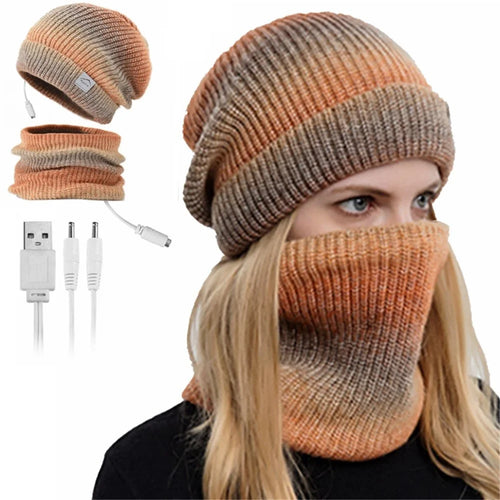 USB Heated Hat and Scarf Set Knit Beanie Hat Neck Warmer for Men Women Soft Lined Knitted Hat Winter Warm Cap - Orange - 1