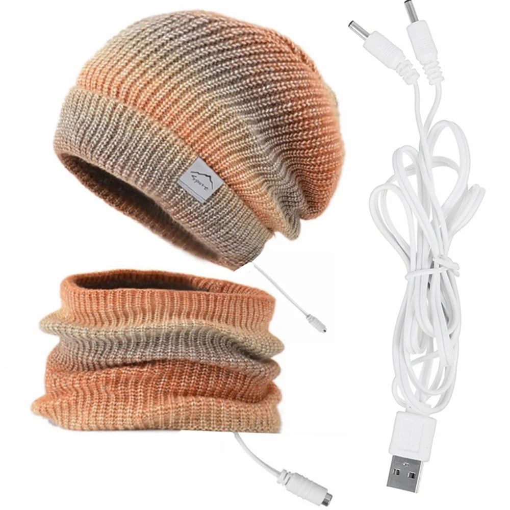 USB Heated Hat and Scarf Set Knit Beanie Hat Neck Warmer for Men Women Soft Lined Knitted Hat Winter Warm Cap - Orange - 2