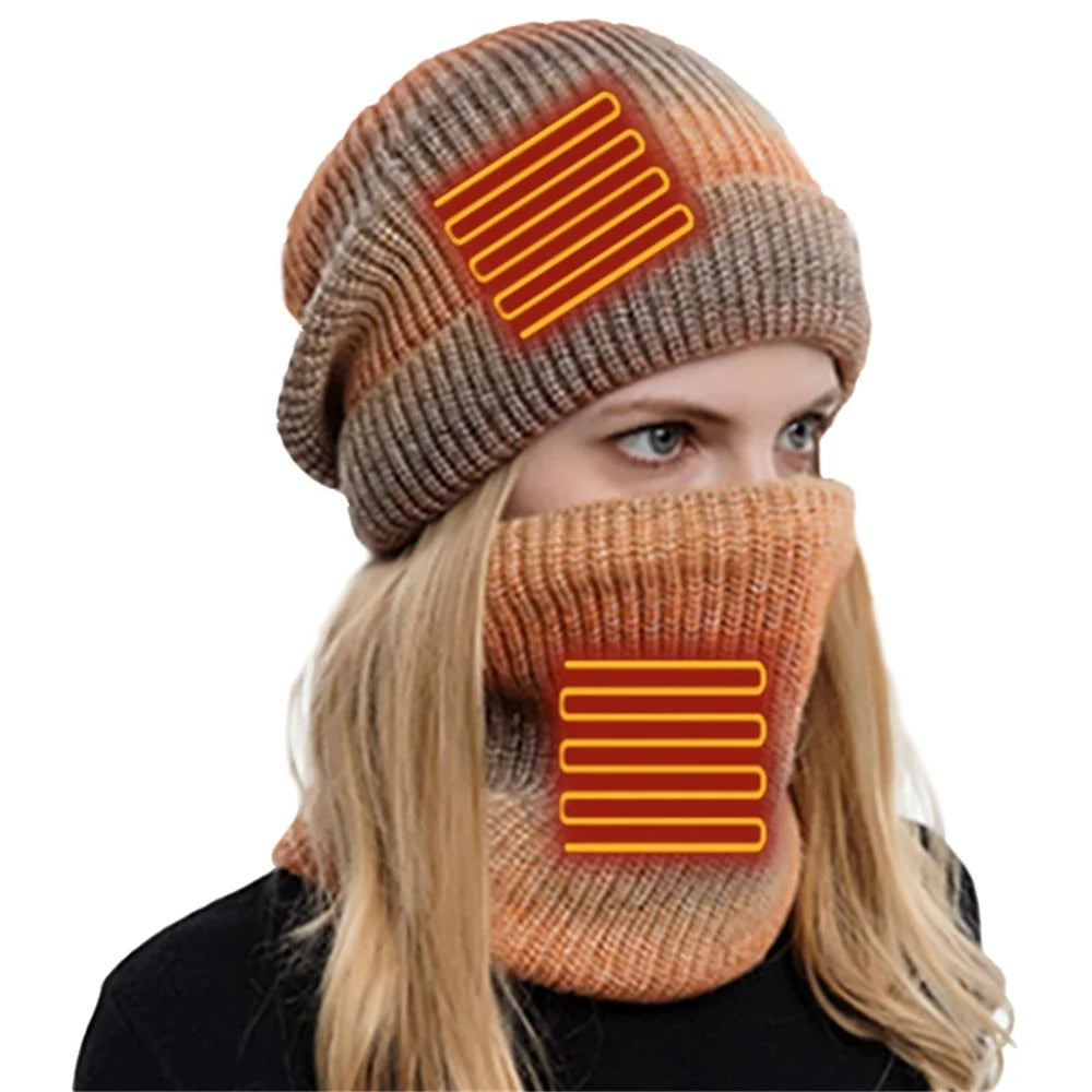USB Heated Hat and Scarf Set Knit Beanie Hat Neck Warmer for Men Women Soft Lined Knitted Hat Winter Warm Cap - Orange - 3