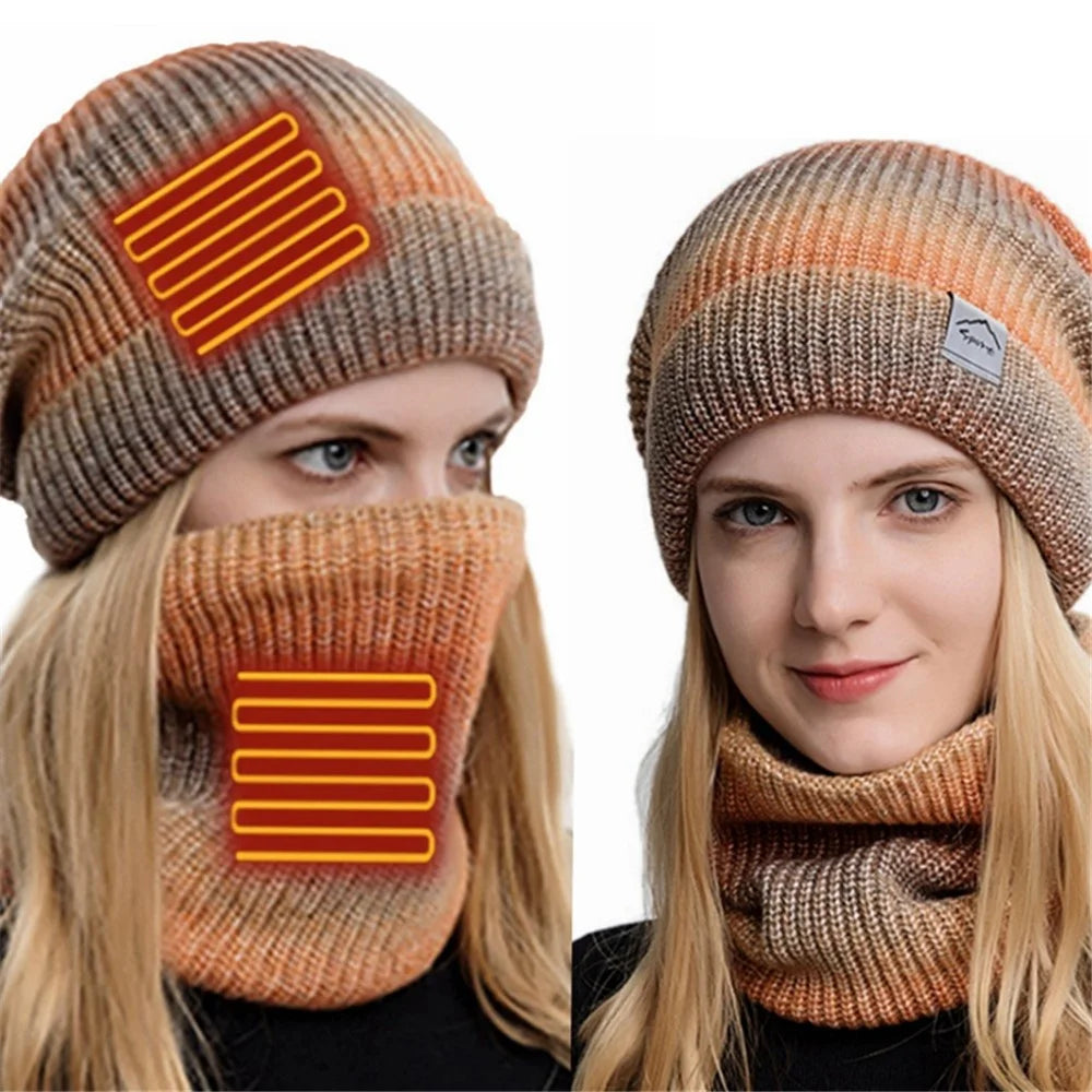 USB Heated Hat and Scarf Set Knit Beanie Hat Neck Warmer for Men Women Soft Lined Knitted Hat Winter Warm Cap - Orange - 5