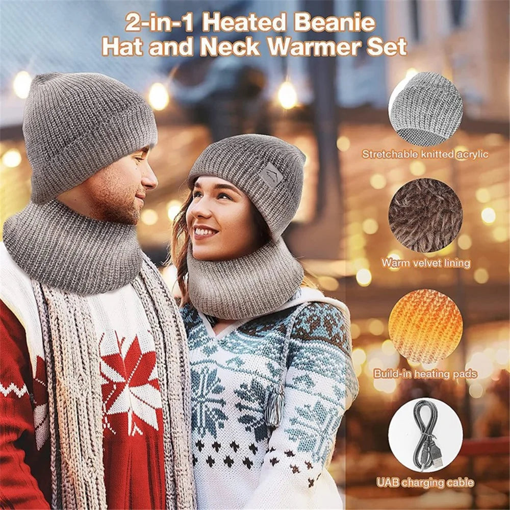 USB Heated Hat and Scarf Set Knit Beanie Hat Neck Warmer for Men Women Soft Lined Knitted Hat Winter Warm Cap - Orange - 6