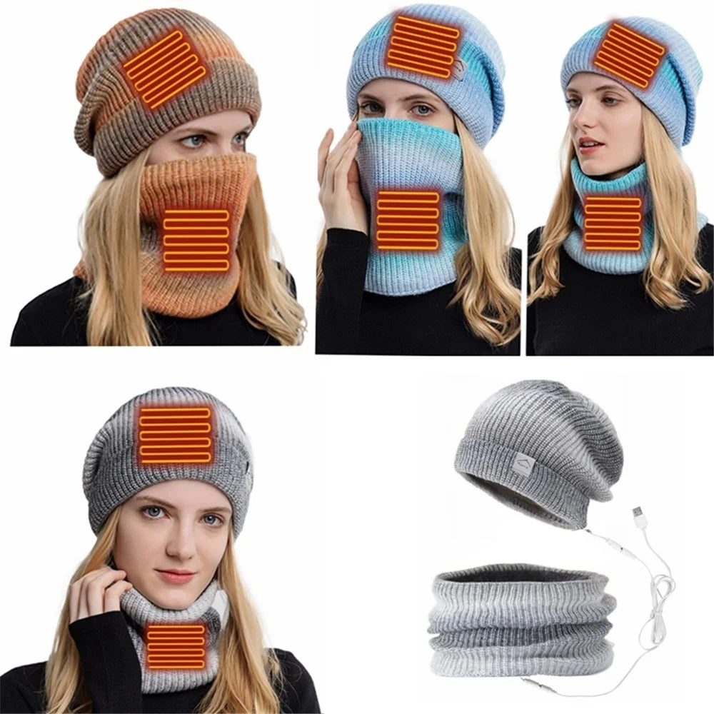 USB Heated Hat and Scarf Set Knit Beanie Hat Neck Warmer for Men Women Soft Lined Knitted Hat Winter Warm Cap - Orange - 7